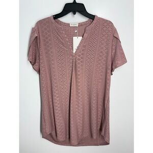 Bulotus Blush Pink Blouse Women's XL Eyelet Fabric Short Petal Sleeve‎ V-Neck